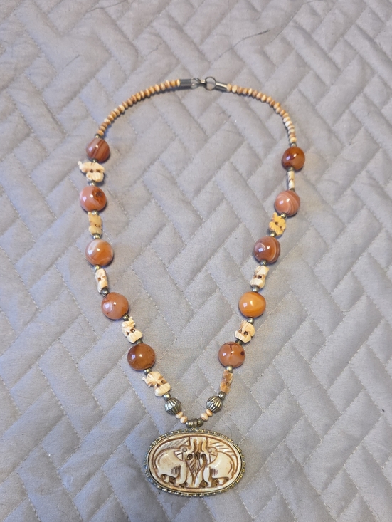 Jewelry - Handcrafted Brown Agate Pendant Necklace with Carved Ivory Accent